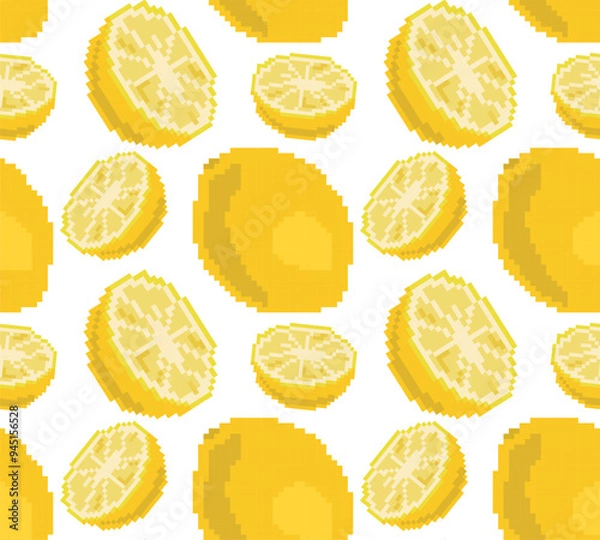 Obraz Seamless pixel pattern with a whole lemon and its halves of different sizes in vector. Ideal for game and retro design, packaging, textiles and digital art projects.