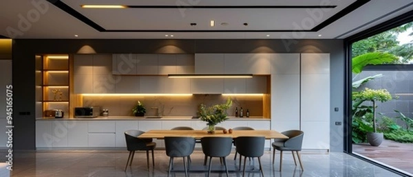 Fototapeta Serene Minimalist Dining Room with Wooden Table and Single Light Fixture