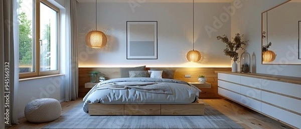 Fototapeta Serene Minimalist Bedroom with Single Dresser and Large Mirror