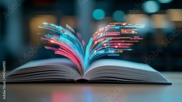 Fototapeta A large open book with its pages transforming into a flow of colorful