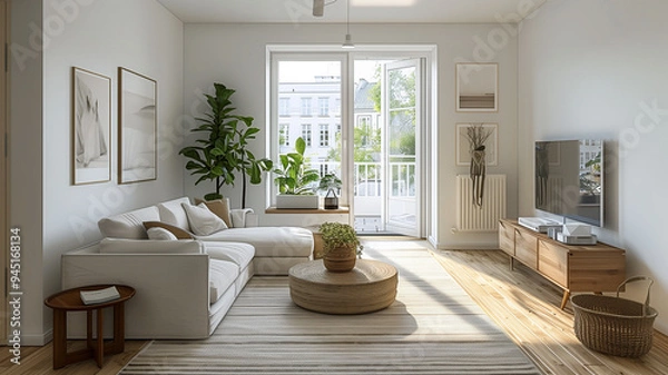 Fototapeta A cozy and inviting living room interior featuring a mix of natural materials and boho-inspired decor. The large windows, potted plants, and soft textiles