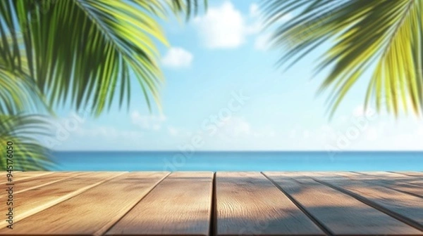 Obraz Wooden table top with a blurred beach and palm tree background.