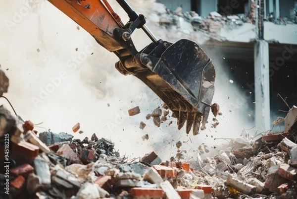 Fototapeta The arm of an excavator demolishes a building, sending bricks and rubble flying. The demolition site is chaotic
