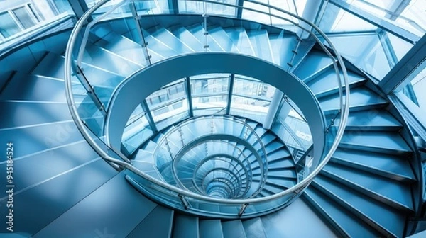 Fototapeta Spiral staircase inside a modern cylindrical building with glass floors