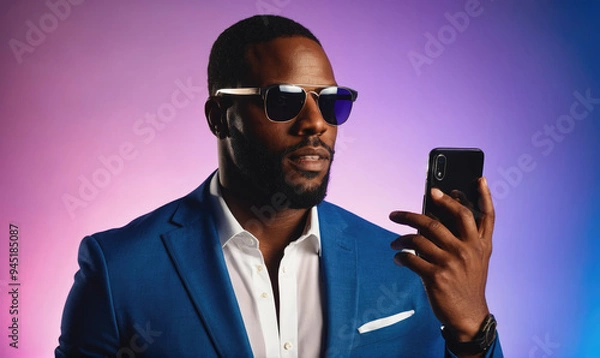 Fototapeta A man in a blue suit and sunglasses looks at his phone in front of a purple and blue background