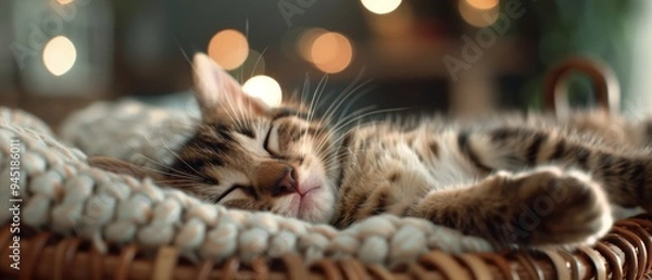 Fototapeta Serene Kitten Resting in Cozy Wicker Basket - Peaceful Domestic Cat Napping Comfortably in Basket at Home