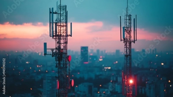 Fototapeta Telecommunication towers at dusk with a cityscape backdrop, highlighting urban connectivity and modern infrastructure.