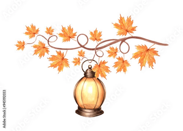 Fototapeta Lantern hanging on Maple branch. Cozy autumn composition of orange leaves. Hand drawn watercolor illustration isolated. Forest and park fall plants of Canada. Clipart for card, Halloween, Thanksgiving
