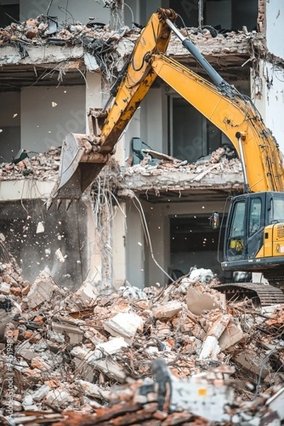 Fototapeta An excavator is engaged in demolishing a building, with debris falling around. The structure is being systematically