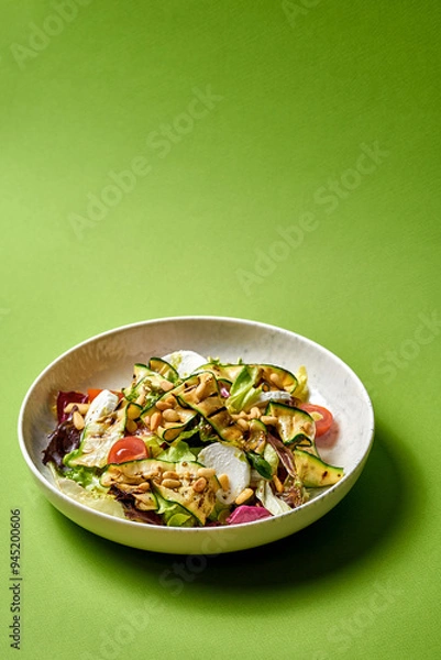 Fototapeta Salad with grilled zucchini, cherry tomatoes, and creamy goat cheese. presented on a white plate against a vibrant green background.