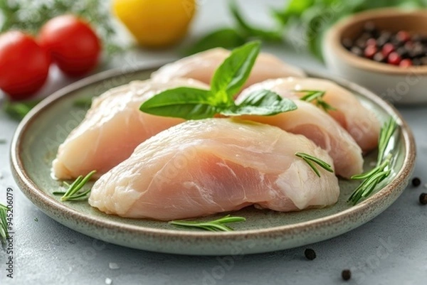 Fototapeta Raw chicken breasts on a plate. This image can be used for advertisements or recipes involving chicken breasts.