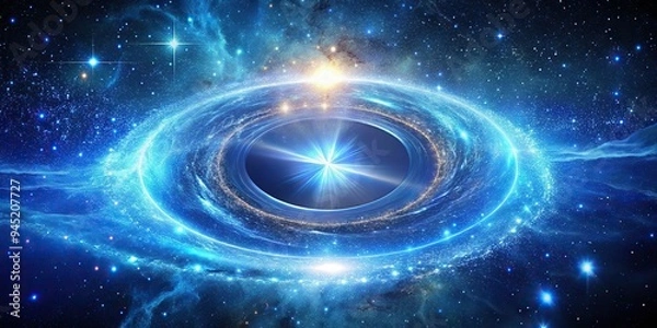 Fototapeta 10. A shimmering, electric blue stargate pulsates with energy, set against a backdrop of luminous, star-filled galaxies, a realistic photo image.