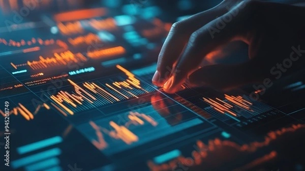 Obraz A hand interacts with a digital interface displaying data graphs and analytics.