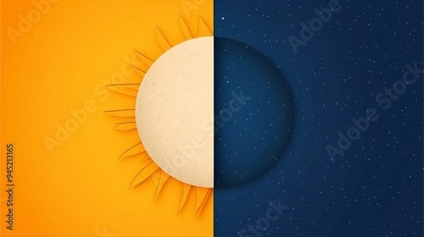 Fototapeta Abstract illustration of half sun and half moon on a split background symbolizing the contrast between day and night.