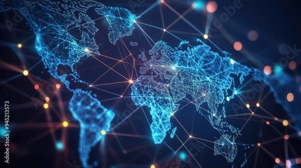 Fototapeta A digital world map with interconnected lines, symbolizing global network communication.
