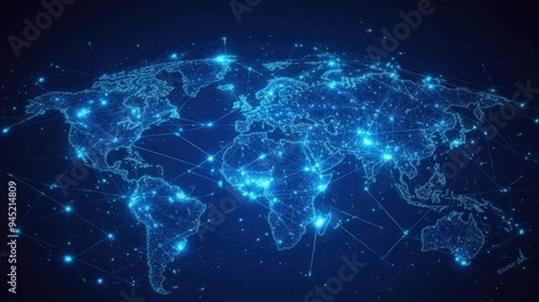 Fototapeta A digital world map with satellite symbols indicating global internet connections.