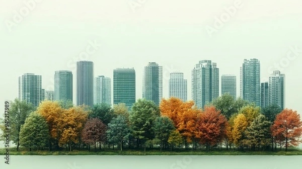 Fototapeta A skyline of skyscrapers emerges from a vibrant autumnal forest