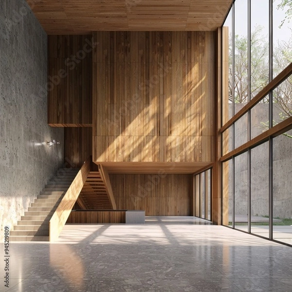 Obraz 07231022 09. Modern interior with wooden paneled walls and ceiling, concrete floor, large grey concrete feature wall, wooden staircase, floor-to-ceiling windows, natural light casting shadows, empty