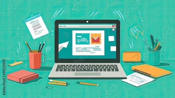 Fototapeta A laptop on a desk with a digital classroom displayed on the screen, representing online learning.