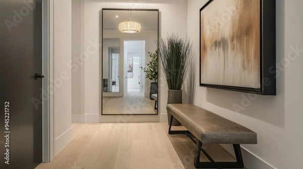 Fototapeta A modern hallway with a stylish bench, minimalist artwork, and a large mirror reflecting light.
