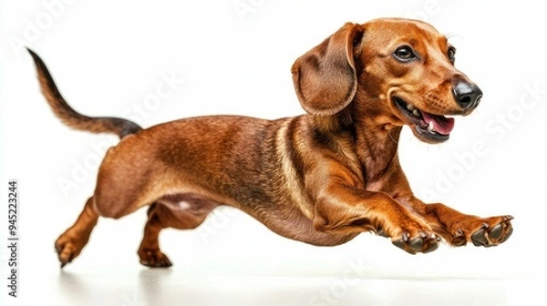 Fototapeta A Brown Dachshund Leaping Through the Air with Tongue Out