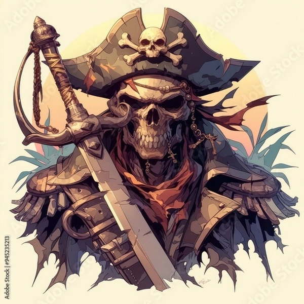 Fototapeta A Skull Pirate Captain Holding a Sword and a Skull and Crossbones Hat