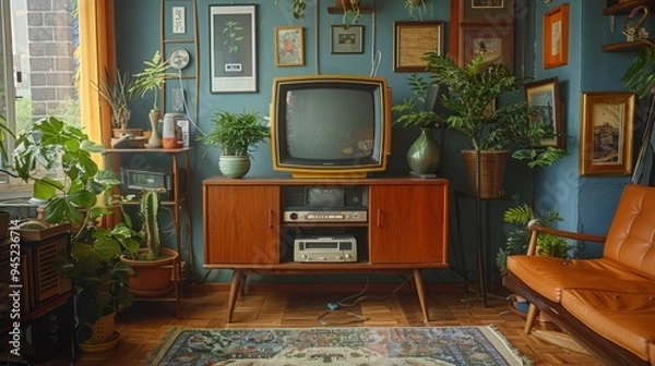 Fototapeta A cozy living room styled with vintage furniture from the 90s, featuring a retro television set and cassette tapes, evoking the new nostalgia
