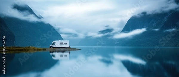 Fototapeta Tranquil campervan adventure by misty mountain lake in serene wilderness
