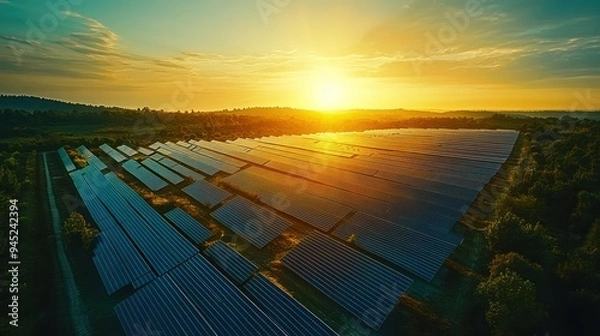 Fototapeta aerial view of a sprawling solar farm with rows of photovoltaic panels glistening under the sun