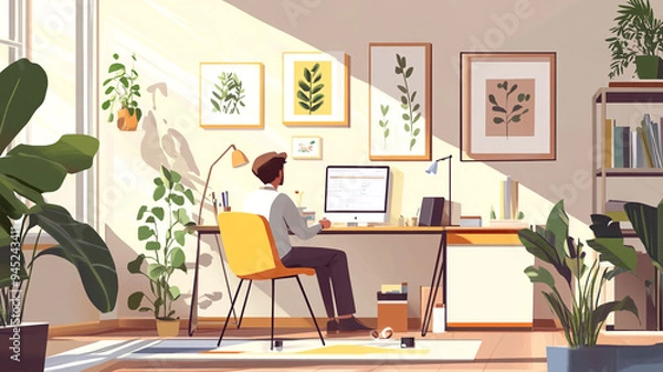 Fototapeta A person working at a sunny home office adorned with plants and framed botanical art during the afternoon