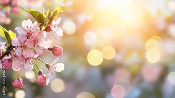 Fototapeta A pink cherry tree blossom blooms in an Easter sunrise background for a Mother's Day photo.