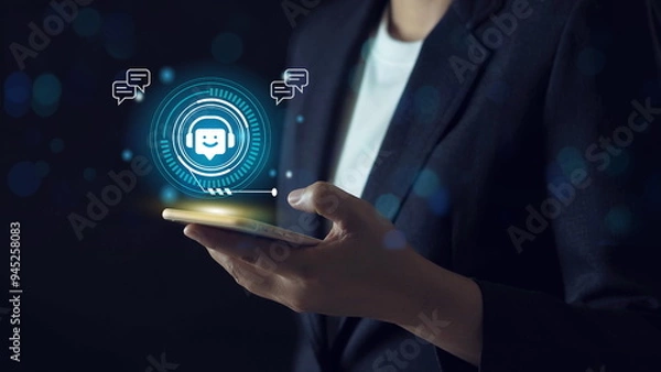 Fototapeta AI Artificial Intelligence. Woman using mobile smart phone chatting with customer service, AI chatbot automatic answering.Digital chatbot, internet bot application, conversation assistant.