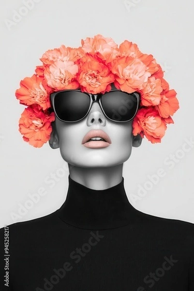 Fototapeta A stylish mannequin with a floral crown and sunglasses, showcasing modern fashion and vibrant floral aesthetics.