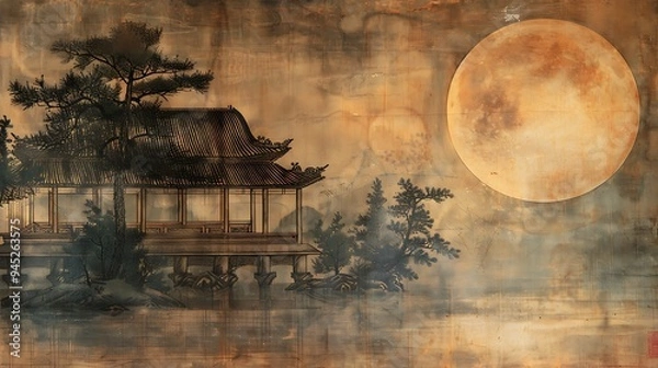Fototapeta Moonlit Landscape with Pavilion
