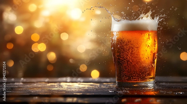 Fototapeta Cold Beer Splash on Wooden Table with Bokeh Lights