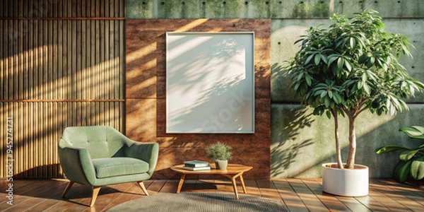Fototapeta Modern minimalist setup featuring a blank poster against a concrete wall, accompanied by a wooden side table and potted plants. Simple yet stylish interior decor.