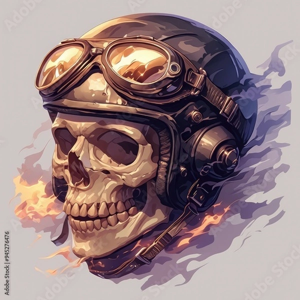 Fototapeta Skull in a Leather Pilot Helmet with Goggles and Flames