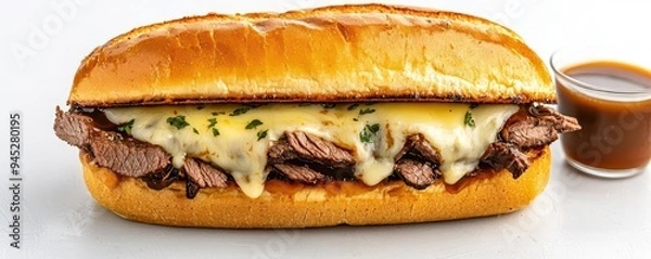 Fototapeta Juicy roast beef sandwich with melted cheese, served with a side of au jus, hearty and comforting