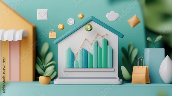 Obraz 3D Illustration of Financial Growth Concept with a House, Graphs, and Shopping Icons in Teal and Yellow Tones.