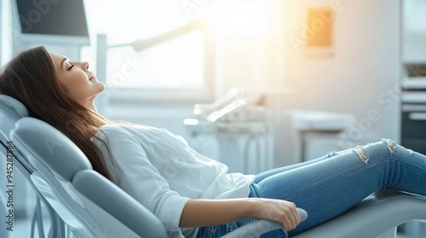 Obraz relaxed woman in jeans and a white top lying on a dental chair, eyes closed, enjoying relaxation at the clinic during a break between appointments, sunlight streaming in from the window