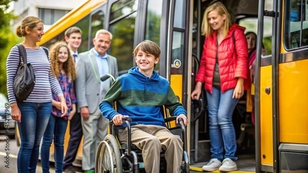 Obraz child in a wheelchair gets on the bus along the ramp. An adult accompanies her, emphasizing accessibility and mobility. This scene highlights inclusivity and independence in public transport.