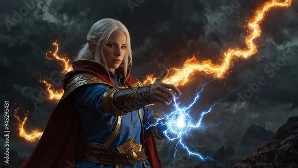 Fototapeta  A mage controlling elemental forces, holding lightning and fire in their hands.