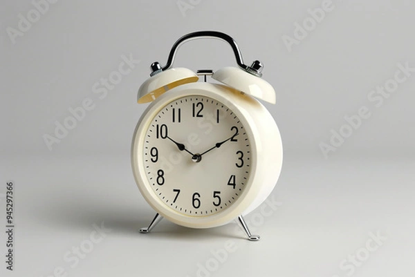 Obraz Retro style white alarm clock on white background with empty space. Generated by artificial intelligence