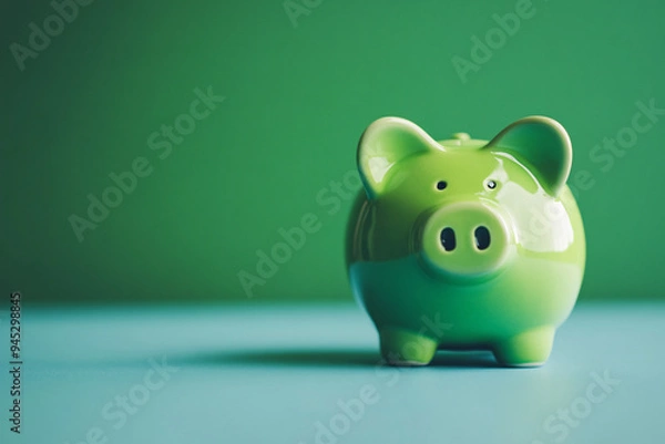 Obraz A bright green piggy bank on a smooth blue surface with a matching green background creating a playful vibe