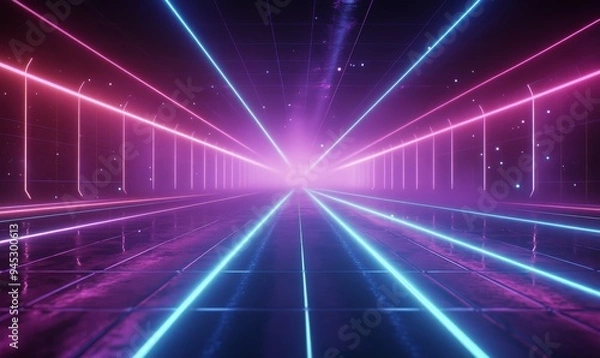 Fototapeta Futuristic neon cityscape with glowing grid at night under a starry sky