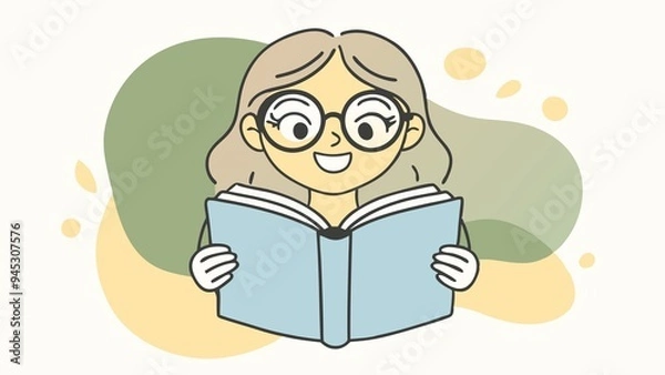 Fototapeta happy girl reading a book, studying, relaxing, smart, school, library