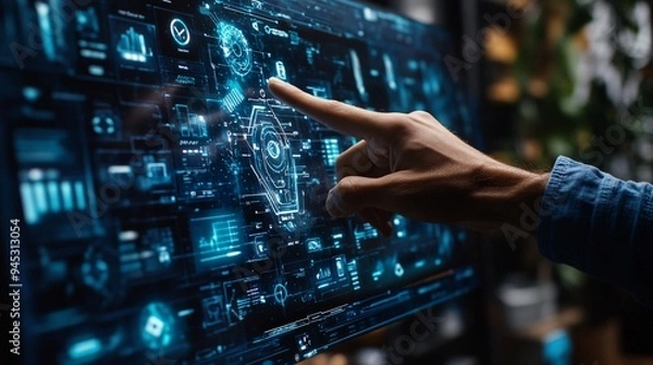 Fototapeta Homeowner interacting with a 3D holographic display to control smart home systems and appliances Stock Photo with copy space