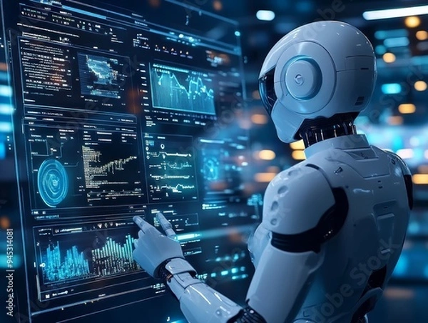 Fototapeta Visual of policymakers using AI tools to simulate economic policy impacts, concept of advanced economic forecasting
