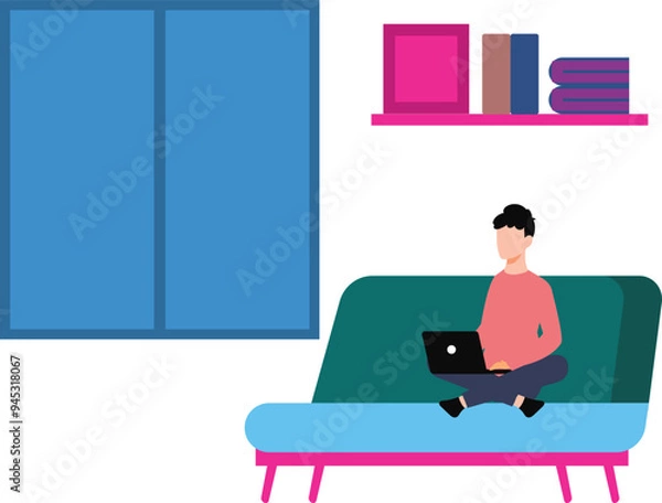 Obraz The girl is sitting on the couch using her laptop.