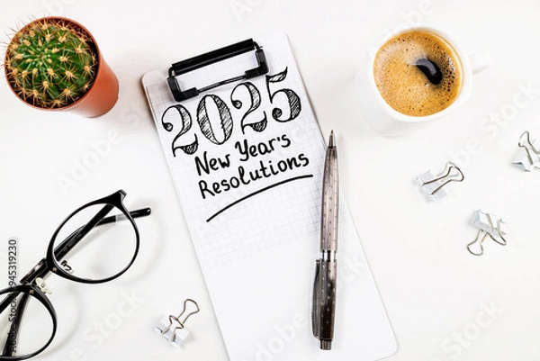 Fototapeta New year resolutions 2025 on desk. 2025 goals list with notebook, coffee cup, plant on white table. Resolutions, plan, goals, action, checklist, idea concept. New Year 2025 resolutions, copy space